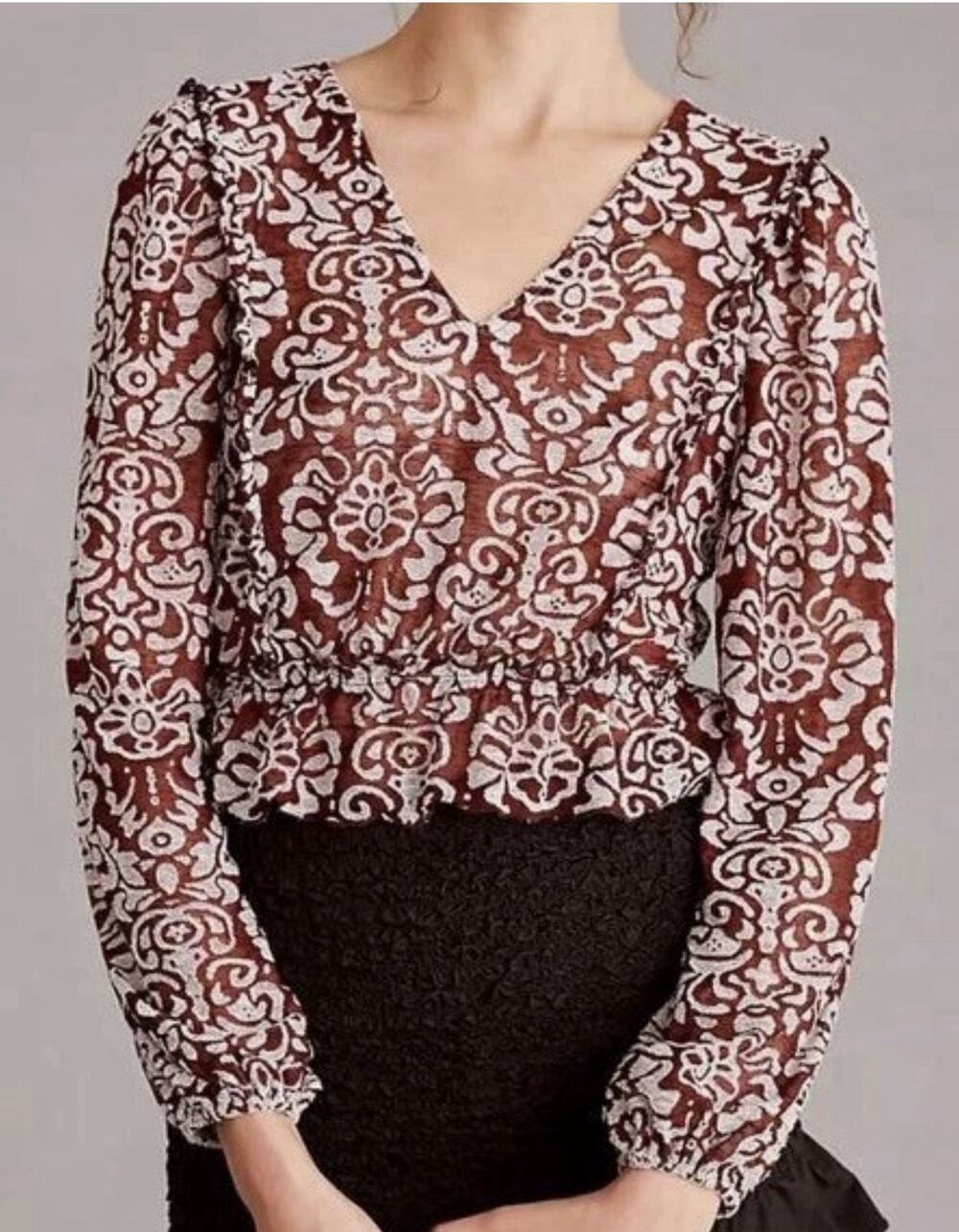 By Anthropologie Jacquard Peasant Blouse Medium Burgundy Cropped Sheer